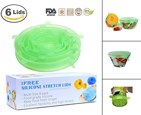 Silicone Stretch Lids - IFREE Reusable Durable Expandable BPA Free FDA Approved Food Huggers Bowl Covers for Platters, Dishes, Dishwasher, Jars Microwave Freezer Safe, 6 Pack of Various Sizes (Green)