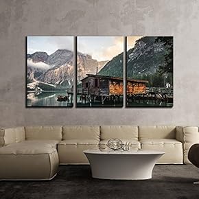 3 Piece Canvas Wall Art - Landscape with Mountain and Wood Hut and Reflection on Water - Modern Home Art Stretched and Framed Ready to Hang - 16"x24"x3 Panels