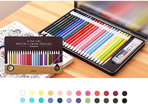 SToC Retractable Water Color Pencils/ Water Soluble Colored Pencil Set, 24 Assorted Colors(with 24 Color Refill and Drawing Brush)