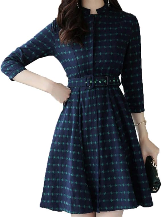 Amazon もうほうきょう ワンピース チェック ベルト付き 膝丈 長袖 ボタン ショート 襟 赤 フォーマル 秋 レディース ワンピース チュニック 通販