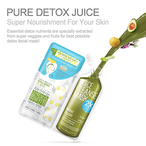 Ariul Natural Facial Face Sheet Mask Pack, Juice Cleanse Mask [2X Plus] Multipack of 5 Skin Cleansing Detox Face Masks - Natural Wheat & Celery for Soothing, Calming, Nourishing & Ultra Hydration - Thumbnail 3
