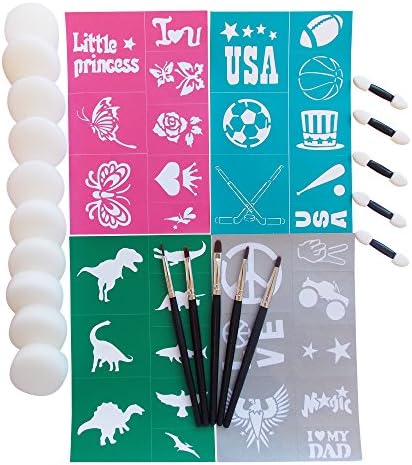 Face Paint Brushes,Brushes and Stencil Tool Kit, 24 Piece Accessory kit from Wacky Arts,32 Stencil Designs,5 Brushes,5 Double Sided applicator,10 sponges,Make face Paint Easy and Fun