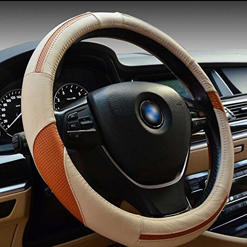 Classic Sport Style Steering Wheel Cover, Luxury Genuine Leather, Odorless, Excellent Grip, 1.5lb, Microfiber Leather Fits Standard Size 14.5-15.5" Steering Wheel (Beige and Orange)