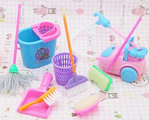 Dollhouse Miniature Cleaning Kit for Girl Barbie Dolls , Household cleaning tools for barbie dolls (1 Set=9 pcs) by PP