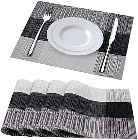 Washable Table Woven Placemats, Heat-resistant Kitchen Table Mats for Home, Restaurant and Hotel (Set of 4) (Grey and Black)