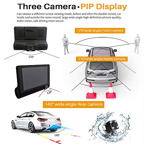 Car Dash Cam Front Inside Rear Video Recorder Camera Dual Dash Cam with 4 inch Reverse Full Screen Driving Recorder DVR HD 1080P Night Vision Parking Mode Seamless Recording