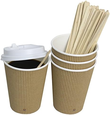 40 Count Eco Friendly Disposable Insulated Ripple Hot Paper Coffee Cups with White Cappuccino Lids and Wood Stirrers, Serve Hot/Cold Water, Tea, Hot Chocolate (12 Ounce, Brown)