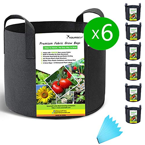 SYOURSELF 6 Pack 3 Galllon Grow Bags, Aeration Fabric Pots with Handles-400GSM Non-Woven Durable Thickened Plant Containers for Nursery Garden Home Vegetable, Fruit, Tree+6 Waterproof Labels(Black)