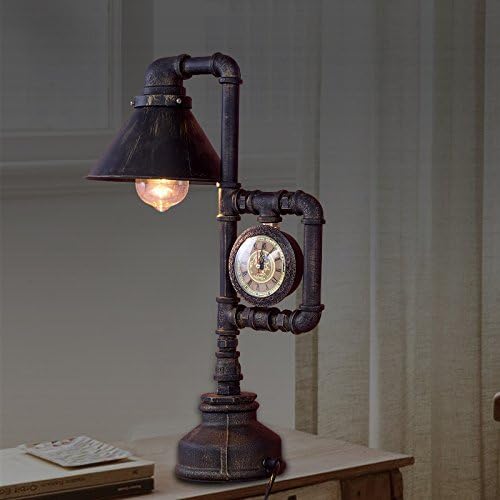 MKKM Table lamp-Retro table lamp pipe cafe bedroom wind lamp decoration bar clock table lamp industrial lamp