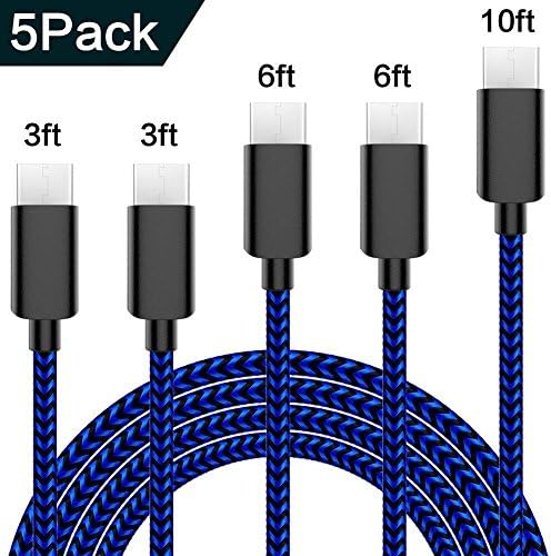 Actionpie USB Type C Cable 5-Pack (3/3/6/6/10FT) Nylon Braided USB A to USB C Charger Cable Fast Charging Cord for Samsung Galaxy Note 8 S8 Plus, LG G5 G6 V30, HTC 10, Nexus 5X/6P--black &amp; mazarine