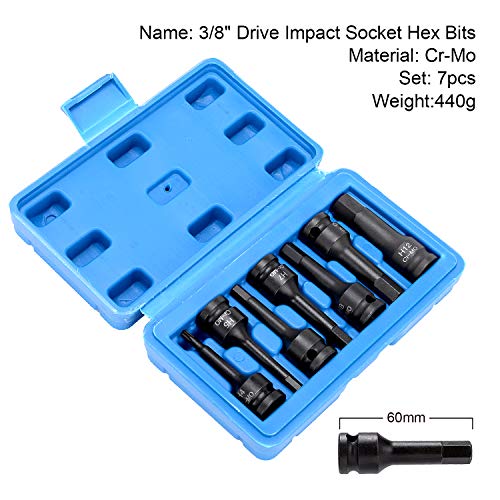 HELAKLS 3/8 Inch Drive Hex Bits Allen Socket Set, 4-12MM 7 Piece Cr-Mo Impact Grade One-Piece Construction Metric Hex Driver Hand Tools For Men 6 CM Length
