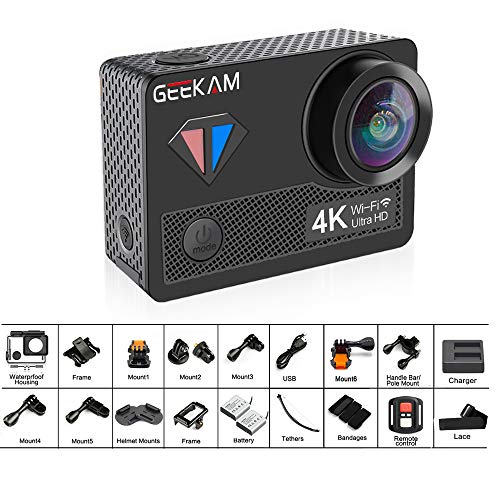 GeeKam Action Camera 4K 30fps Video 20MP Photos with Touch Screen Remote Control HD Sports Camera with Helmet Accessories Kit-T1