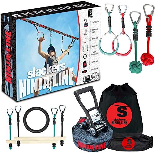 Slackers Ninjaline - 36 Intro Kit - Includes 7 Hanging Attachments - Best Outdoor Ninja Warrior Training Equipment For Kids - Build Your Very Own Backyard Obstacle Course - Rated Ages 5