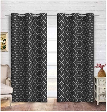 Contemporary Moroccan Trellis Design Classy Top Grommet Two Panel Window Curtain Black Ornament Pattern 104โWx96โL