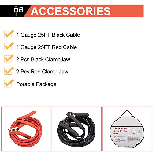 BUNKER INDUST 1-Gauge 25 Ft Battery Jumper Cables Heavy Duty 800A Emergency Booster Cables Kit with Carry Bag for Cars Trucks Suvs Booster Jump Start - Allow you to Boost Battery from behind a Vehicle