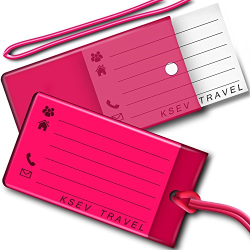 Luggage Tags 4 PACK, KSEV Travel Tags, ID Labels, Name Card Holder for Baggage Bags Suitcases Backpacks (Pink)