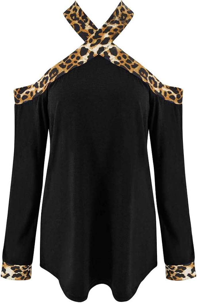 Minclouse Women's Off The Shoulder Long Sleeve Tunic Tops Fall Casual Leopard Print Sexy Blouse Criss Cross Strappy Shirts at  Women’s Clothing store