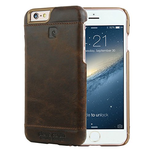 Pierre Cardin Original Genuine Leather Hard Case Back Cover Skin for Apple iPhone 6 6s (Dark Brown)