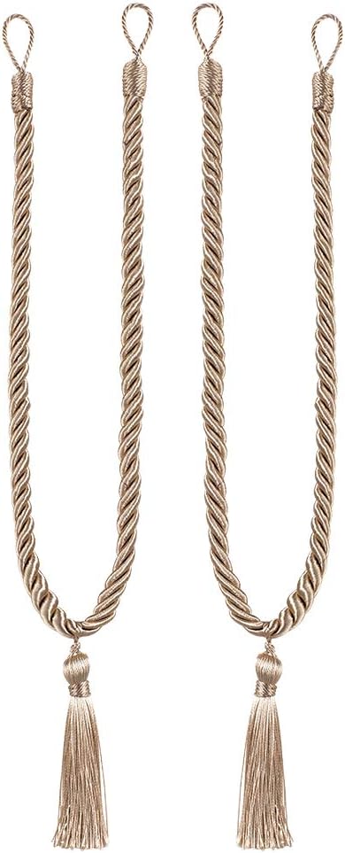 Home Queen Decorative Tassel Rope Tie Backs for Window Curtain, Hand Knitting Buckle Cord Drapery Tieback, Set of 2, Taupe
