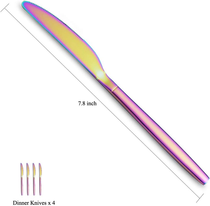  | Rainbow Dinner Knives 4 Pieces, Homquen Sturdy 9" Stainless Steel Modern Design Knife, Colorful Titanium Plating Knifes Set With Round Edge Dishwasher Safe: Flatware Sets