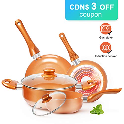 KUTIME 6pcs Cookware Set Non-Stick Frying Pans Set Ceramic Coating Soup Pot, Milk Pot, Copper Aluminum Pan with Lid Gas Induction Compatible, 1 Year After Sale Service