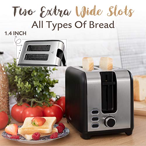 Vintage Toaster Black 850W Retro Toaster 2 Slices Stainless Steel with Bamboo Clips & Crumb