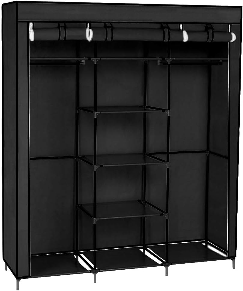 59" Portable Closet Storage Organizer Non-Woven Fabric Clothes Wardrobe (Black)