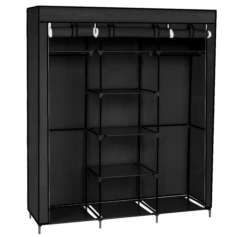 59" Portable Closet Storage Organizer Non-Woven Fabric Clothes Wardrobe (Black)