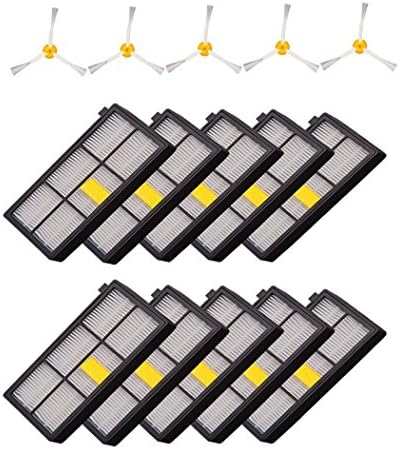 Wholey 10 Pack Hepa Filter Filters Replacement with 5 side brushes 3 armed For irobot Roomba 800 900 series 870 880 980 Robotic Vacuum Parts (10pcs Filter+5side brushes)