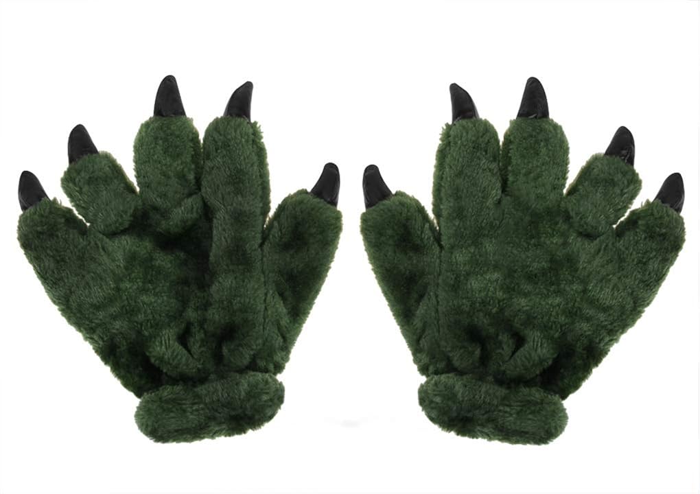 Ylucky Unisex Thick Animal Costume Dinasour Cat Paw Claw Wolf Gloves Winter Warm Plush Hand Gloves Cute Mittens Padded Hand Warmer for Halloween Cosplay Party Fancy Dress Green - Image 4