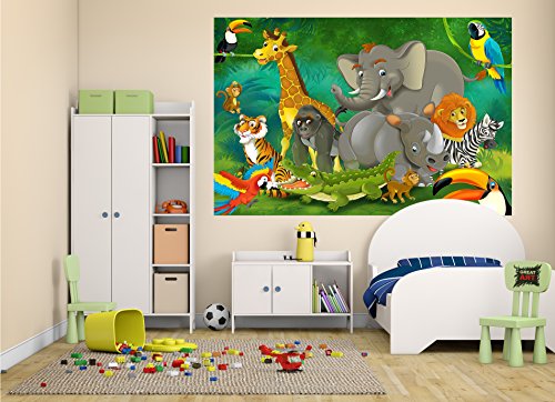 Wall Mural Kid’s Room Jungle Animals Mural Decoration Jungle Animals Zoo Nature Safari Adventure Tiger Lion Elephant Monkey I paperhanging Wallpaper poster wall decor by GREAT ART (82.7x55 Inch)