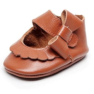 HONGTEYA Baby Girl Shoes Moccasins - 100% Real Leather Mary Jane Shoes Soft Sole Bowknot First Walkers