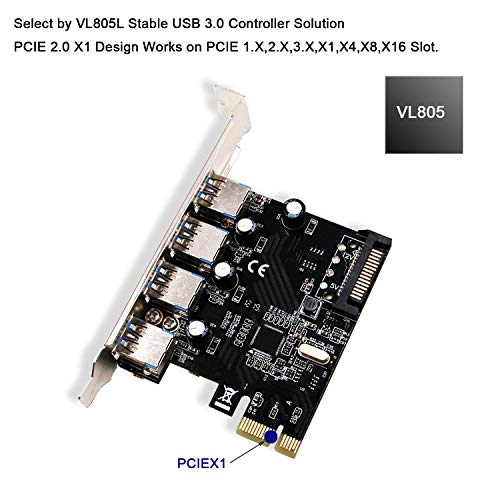 LTERIVER PCI Express 4 Ports Superspeed USB 3.0 Card Adapter for Windows Server,XP,Vista,7,8.0,8.1,10(32/64bit) System-with Y SATA Power Cable(PCE-U3P4)
