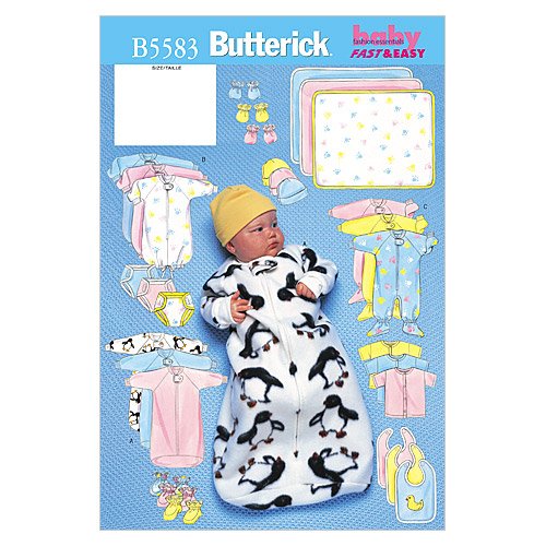 Butterick Patterns B5583 Infants' Bunting, Jumpsuit, Shirt, Diaper Cover, Blanket, Hat, Bib, Mittens and Booties, Size LRG (L-XL)