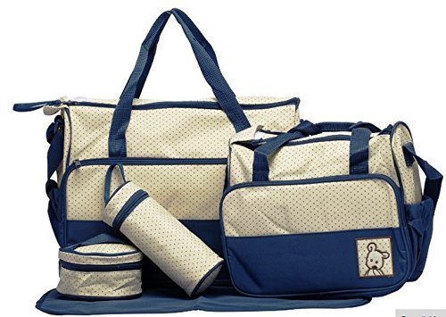 Baby Station 5pcs/Set Baby Diaper Bag Nappy Mummy Bag Print Maternity Handbag Changing Baby Messenger Bag (NavyBlue)