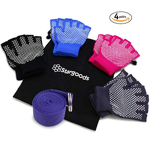 Yoga Gloves Non Slip Fitness Grip, Fingerless Pilates Glove for Training Workout, 4 Pairs and 1 Yoga Strap