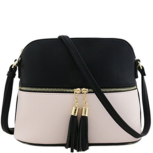 Tassel zipper pocket crossbody bag (black/light nude)