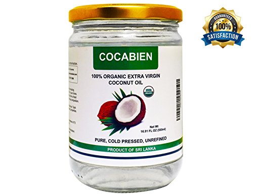 Cocabien Organic Extra Virgin Pure MCT Cold Pressed Kosher Coconut Oil For Baking Cooking Hair Baby Skin Treatment Moisturizer Pets Unrefined In Glass Jar NON-GMO 16.9oz