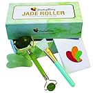 Jade Roller Face Massager – 100% Natural Jade Anti-aging Facial Roller with 1 Gua Sha Board + Silicone Facial Brush + Velvet Storage Bag + Free Ebook For Wrinkle Treatment & Healing Therapy