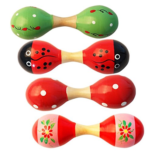 Wooden Maracas Double Head Rattle Shakers Percussion Musical Instruments Party Favor Kid Baby Toys,Set of 4 ,Assorted Colors and Designs - Thumbnail 4