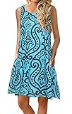 Boho Tshirt Dresses for Women Sleeveless Summer Beach Floral Shift Pockets Casual Swing Loose Damask (2XL, Blue Green)