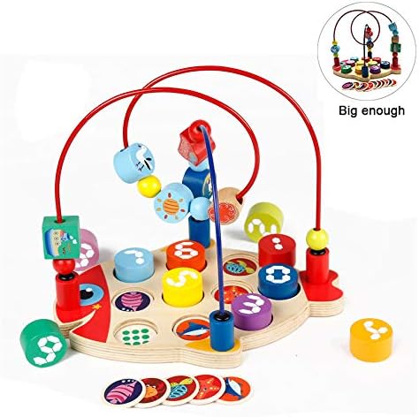 Wooden Animal Beads Maze Educational Preschool Toddler Toys for 1 2 3 Year Old Boys Girls Roller Coaster Around Circle Bead Early Development Toys with Number Block sorter on Fish Board by KOMORE