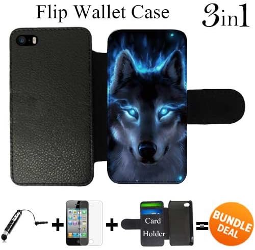 The Blue Wolf Custom iPhone 5 Wallet Cases/5S Wallet Cases,Bundle 3in1 Comes with Screen Protector/Universal Stylus Pen by innosub