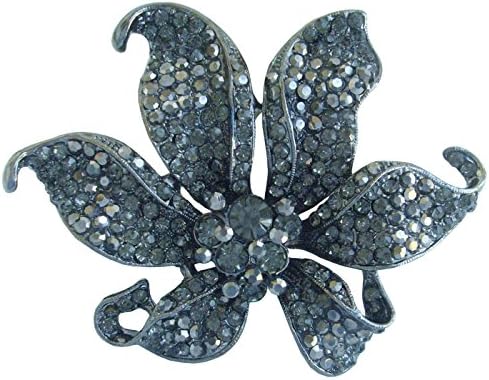 Sindary 3.74" Vintage Black-tone Gray Rhinestone Crystal Orchid Flower Brooch Pin Pendant