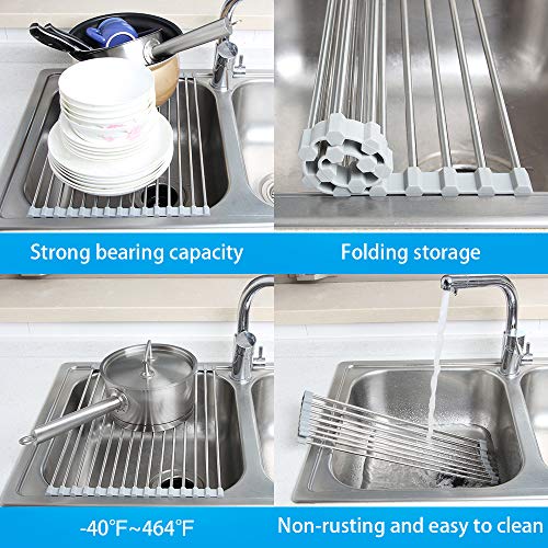 17.7" x 11.5" Long Dish Drying Rack, Attom Tech Home Roll Up Dish Racks Multipurpose Foldable Stainless Steel Over Sink Kitchen Drainer Rack for Cups Fruits Vegetables