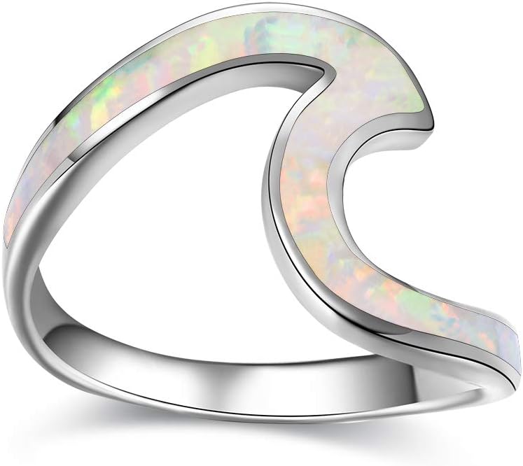 BamosSterling Silver Wave Ring for Women Girls, Sterling Silver Rings Band Rings with Created Opal, Cute Rings for Teen Girls, Size 5 6 7 7.5 8 8.5 9 10