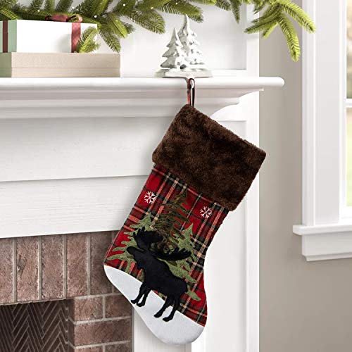 GMOEGEFT Farmhouse Christmas Stocking, Red and Black Buffalo Plaid, Black Moose in Snowfield Pattern Xmas Socks, Holiday Party Decorations Fireplace Hanging Ornaments