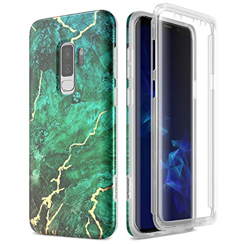 SURITCH Samsung Galaxy S9 Plus Marble Case, [Built-in Screen Protector] Full-Body Protection Hard PC Bumper + Glossy Soft TPU Rubber Gel Shockproof Cover for Galaxy S9 Plus 6.2 Inch (Green/Gold)