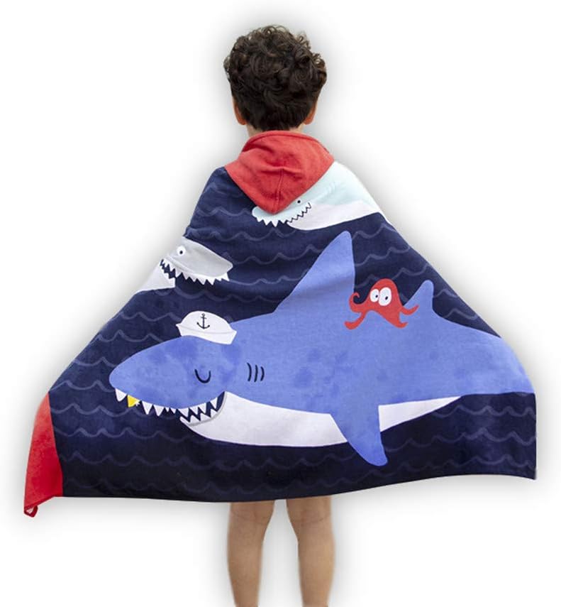 InsHere Cute Sharks Hooded Towel for Kids, Large Thick with Cute Animal Design (Cute Sharks)