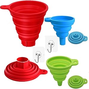 funnels for filling bottles, canning funnel, kitchen funnels set of 3 Flexible Silicone Foldable Kitchen Funnel for Liquid Food and Powder Transfer(1canning funnel 2small funnel 2hook up)